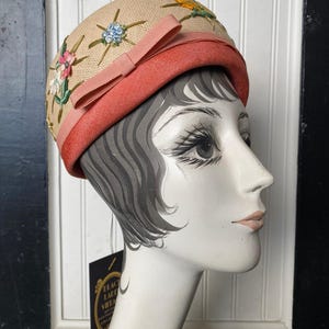 vintage 1960s embroidered pillbox hat 60s floral hat coralie applique coral silk Coralie Vintage Hat - Etsy Australia main image 4