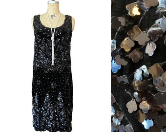 1920s sequin dress, black velvet, vintage flapper dress, size large, peaky blinders, sleeveless shift, 38