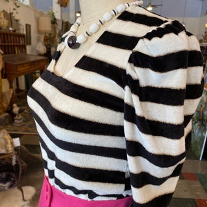 1980s top, black and white striped, vintage skirt, velour, metallic gold lurex, puff shoulders, pull over, 80s jumper, small image 5