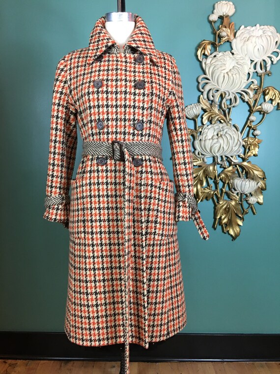 vintage wool coat, orange paid coat, reversible co
