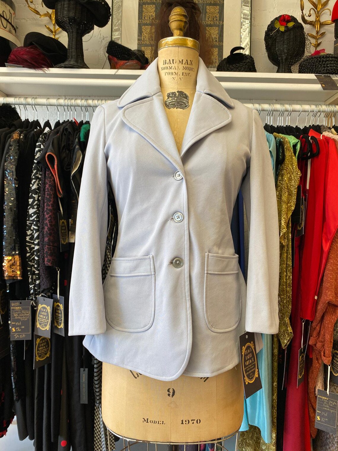 Vintage 1970s dove gray polyester jacket butterfly collar s/m 70s blazer mod 34, foto 1 di 5