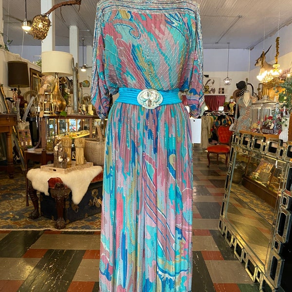 1970s judith ann dress, beaded silk, abscract watercolor, vintage 70s dress, size medium, designer dress, 70s fashion, bohemian