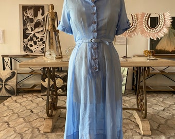 1940s shirtwaist dress, baby blue cotton, vintage 40s dress, sheer, rhinestone buttons, French cuffs, flared skirt, fit noir style, medium