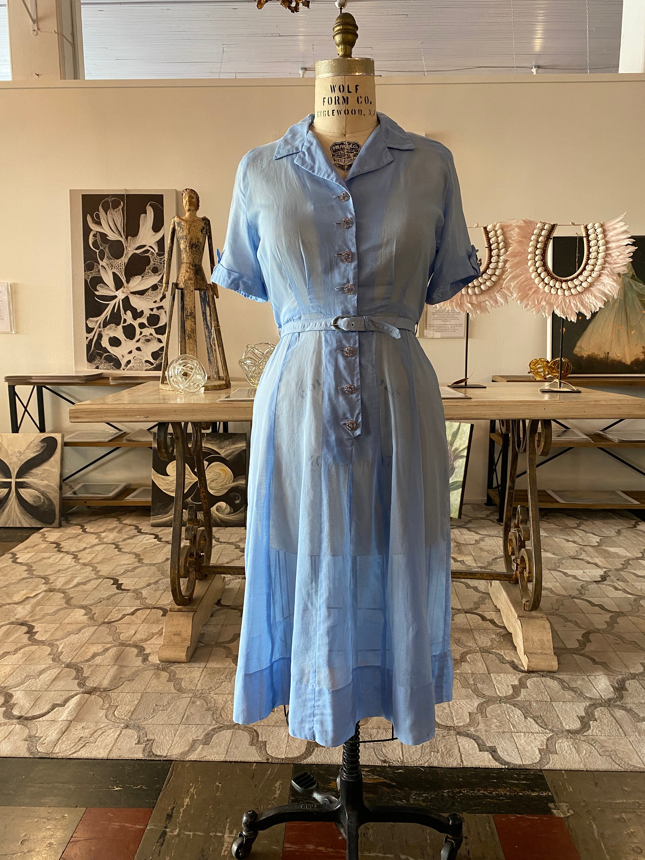 blue shirtwaist dress 1940s Dress, Baby Cotton, Vintage 40s Dress, Sheer, Rhinestone Buttons, French Cuffs, Flared Skirt, Fit Noir Style, Medium 18th dress birthday dress Simplicity 5454 jumper dress Color:Ink_Blue
