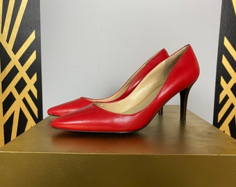 ralph lauren shoes, red leather heels, 1990s shoes, pointed toe, vintage 80s pumps, 90s designer, size 6 1/2, classic, office secretary, y2k