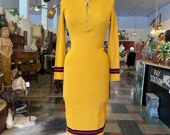 1990s knit dress, yellow striped, Vintage 90s dress, body con, bandage, small medium, mock neck, zip front, wiggle dress, y2k fashion, 27 28