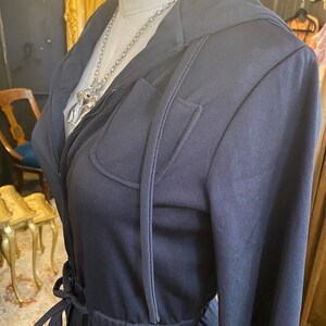 1970s jumpsuit, black polyester, hooded, vintage pantsuit, zip front, drawstring, wide leg, casual, medium, retro, mod, 28 waist, minx style image 6