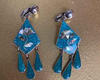 Sterling silver earrings, clip on, abalone, vintage earrings, chandelier, 1970s jewelry, long dangling, mosaic, hippie style, bohemian