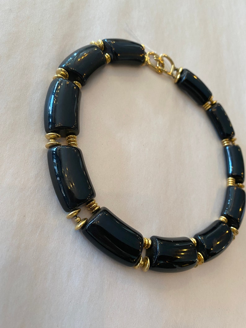 1980s choker, vintage 80s jewelry, black lucite, 1980s accessories, mob wife, chunky plastic necklace, black and gold, trifari, links image 8