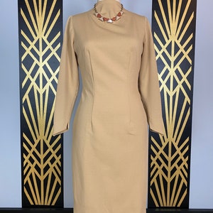 1960s wiggle dress, tan polyester, slim fit, vintage 60s dress, hourglass dress, long sleeve, size medium, simple, classic, high neck, 28 image 1