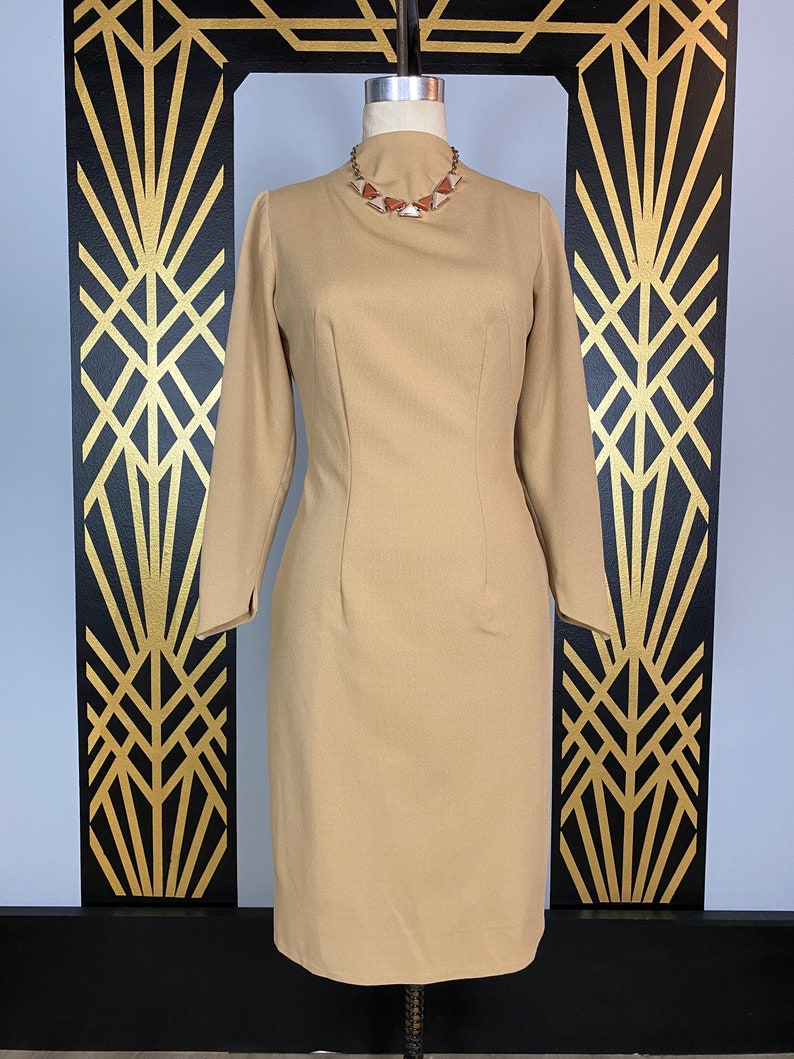 1960s wiggle dress, tan polyester, slim fit, vintage 60s dress, hourglass dress, long sleeve, size medium, simple, classic, high neck, 28 image 1