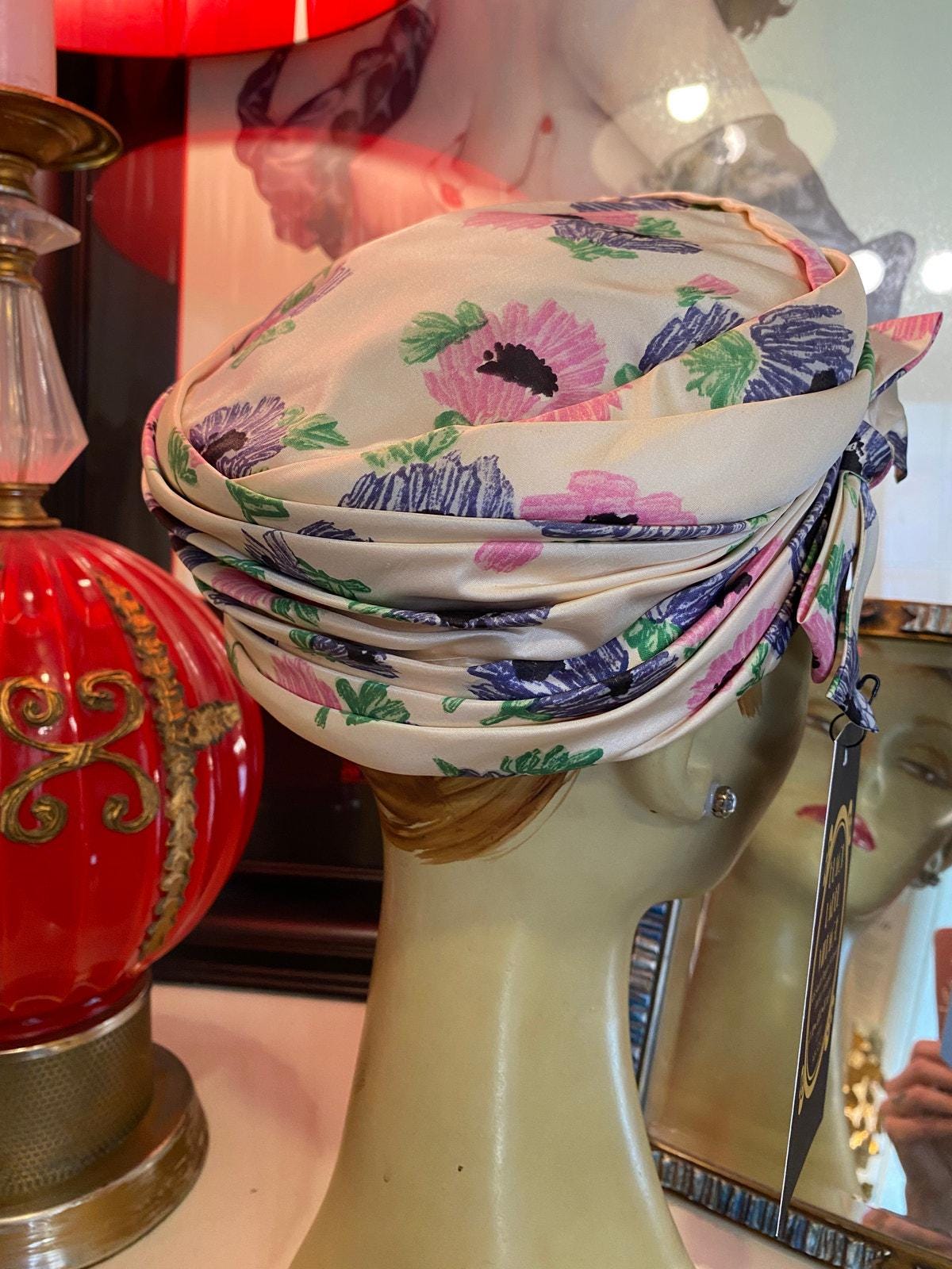 vintage 1960s neiman marcus floral pleated turban hat 60s fashion pillbox mcm Neiman Marcus Pillbox Hat with Hat Pin | Pleated Fall Floral  main image 4