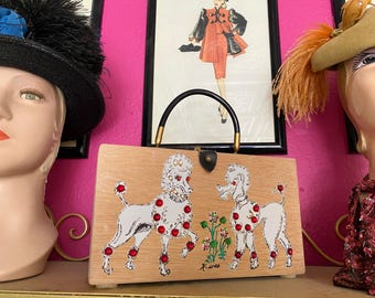 vintage 1960s novelty print wood box purse, rhinestone poodles, k-wes handbag
