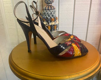 vintage 1970s strappy snake skin heels Garolini open toe shoes ankle strap pumps