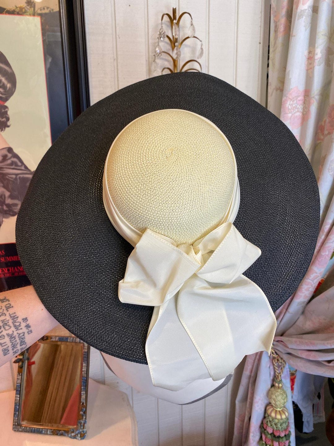 Vintage 1980s wide brim hat cream and black satin bow whittall classic 80 summer Vintage 1980s Wide Brim Hat Cream and Black Satin Bow  main image 3