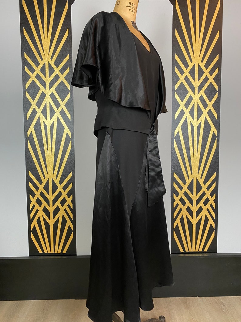 1920s 2 piece set, flapper style, dress with capelet, black rayon, anitique dress, harlequin, flutter sleeves, 1930s dress, art deco, medium image 6