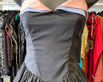 vintage 1950s strapless prom dress black taffeta pink and blue train 50s formal