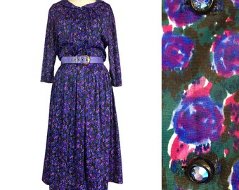 Vintage shirtwaist dress, 1950s purple dress, floral nylon dress, rhinestone buttons, size large, full skirt dress, rockabilly dress, 31