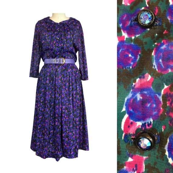 Vintage Shirtwaist Dress 1950s Purple Dress Floral Nylon Dress