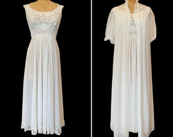 This item is RESERVED peignoir set, white chiffon and lace, vintage lingerie, vanity fair, nightgown and robe, size small, mrs maisel