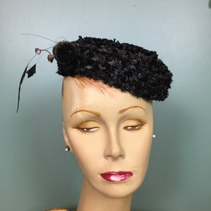 1950s black hat, pillbox hat, vintage hat, gothic hat, winklemans, rhinestones and feathers, mid century, statement, funky hat, rockabilly image 1