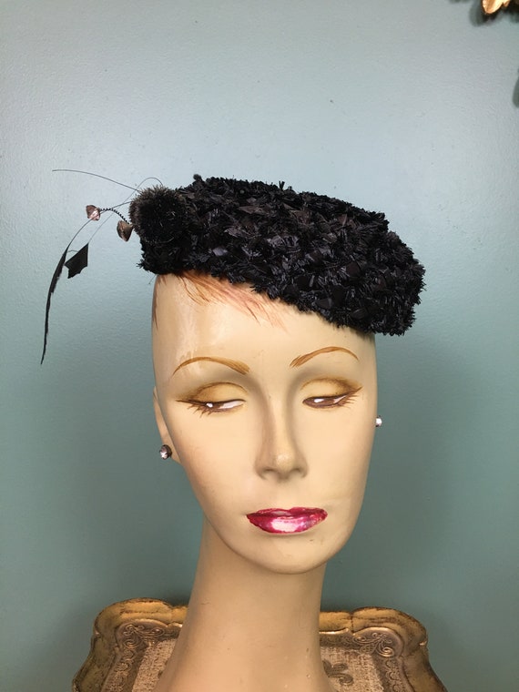 1950s black hat, pillbox hat, vintage hat, gothic 