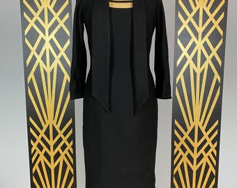 1950s Eisenberg dress, black wool, vintage wiggle dress, cage neckline, tie scarf neck, size small, mrs maisel style, pencil skirt, classic