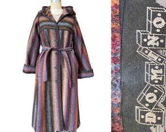 1980s hooded coat, ombre striped wool, vintage belted 80s coat, domino new york, medium, 1970s coat, mod style