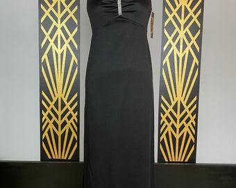 1970s maxi dress, black polyester, rhinestone trim, vintage cocktail dress, small medium, mod, disco, halloween, high neck, sleeveless