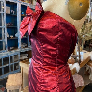 1980s prom dress, red metallic lame', vintage 80s dress, ruched bows, mike benet, strapless cocktail dress, x-small image 6