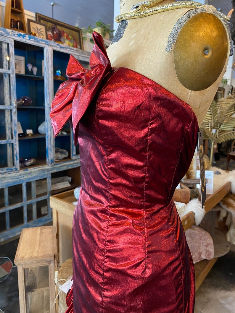 1980s prom dress, red metallic lame', vintage 80s dress, ruched bows, mike benet, strapless cocktail dress, x-small image 6