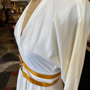 1970s maxi dress, vintage evening gown, white and gold, jeweled belt, rhinestone dress, x-small, mod hostess image 6