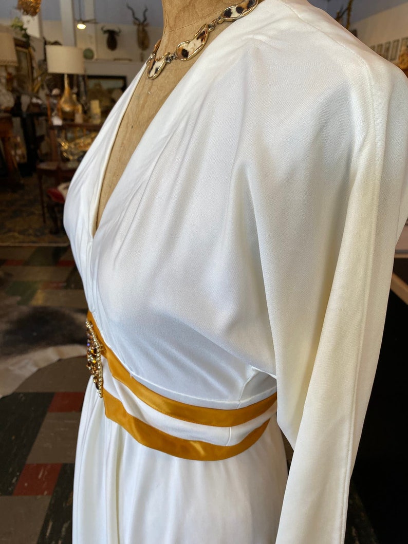 1970s maxi dress, vintage evening gown, white and gold, jeweled belt, rhinestone dress, x-small, mod hostess image 6
