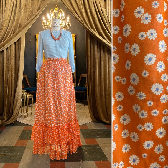 1970s maxi skirt, daisy print, vintage skirt, ora… - image 1