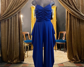 1980s jumpsuit, cobalt blue, vintage jumpsuit, 80s catsuit, ruched, spaghetti straps, pop out hips, statement, small, disco style, draped
