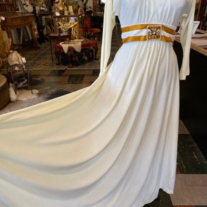1970s maxi dress, vintage evening gown, white and gold, jeweled belt, rhinestone dress, x-small, mod hostess image 8
