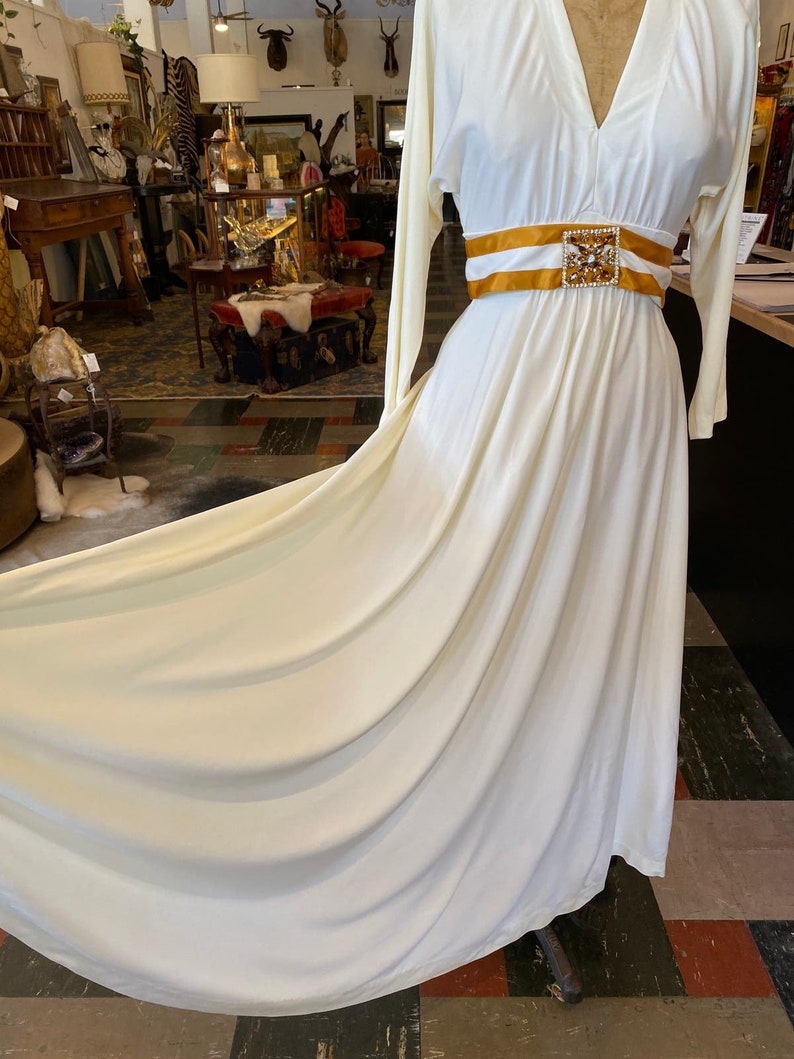 1970s maxi dress, vintage evening gown, white and gold, jeweled belt, rhinestone dress, x-small, mod hostess image 8