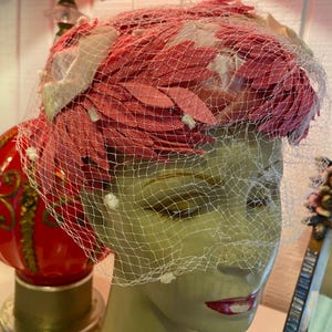 vintage 1950s pink leaf hat 50s headpiece veil velvet bows mrs maisel rockabilly