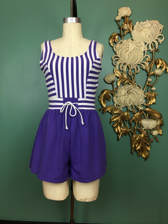 1980s cotton romper, purple striped shorts, vintag
