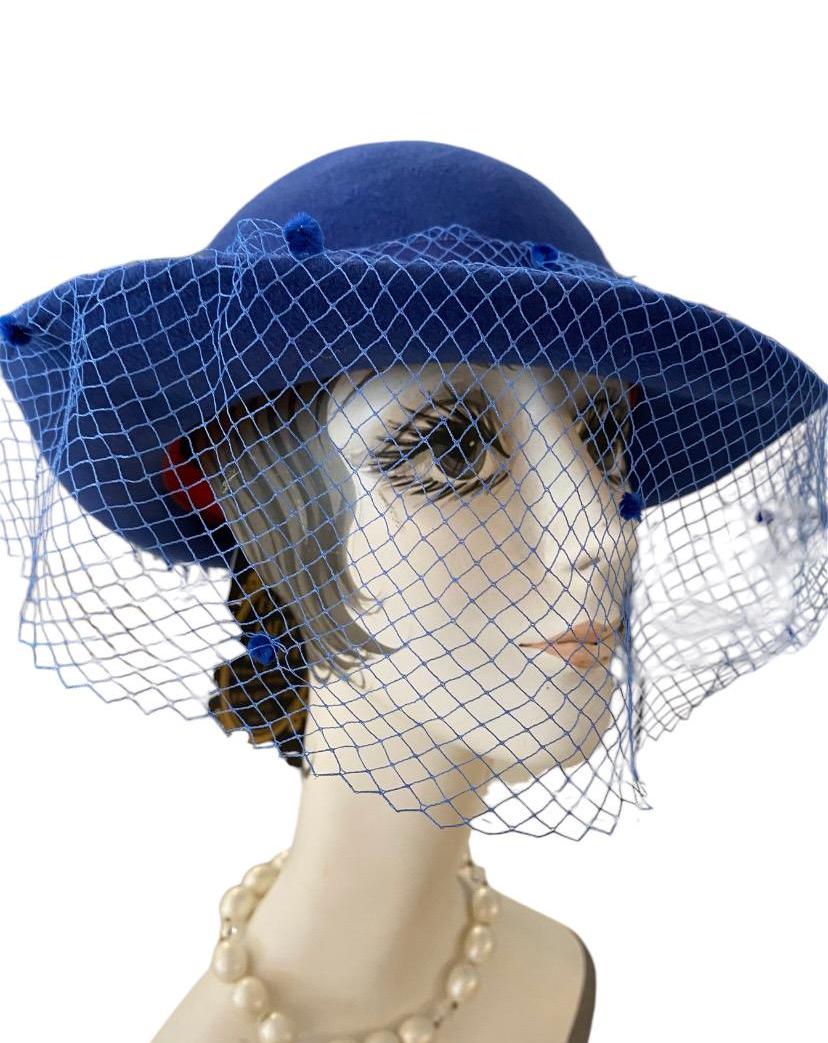 Vintage 1980s Cobalt Blue Wide Brim Hat With Veil and  display picture 1