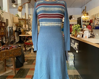 1970s sweater dress, space dyed, 70 knit dress, hippie style, blue striped dress, small medium, long sleeve, retro, bohemian, penny lane