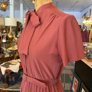 1970s dress, rust polyester, vintage dress, ascot tie neck, pleated full skirt, lady carol. size small, secretary image 6