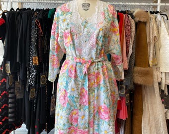 Conjunto de bata floral vintage de los años 80, bata y camisón de los años 80, Leslie Fay talla S/M, ropa de dormir, camisón