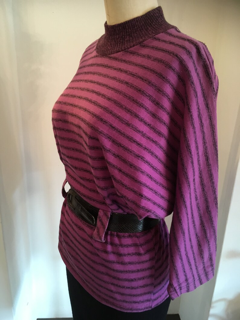 dolman sleeves vintage 80s top size medium 1980s purple top black and purple striped belted top mockneck 1980s long sleeve t shirt