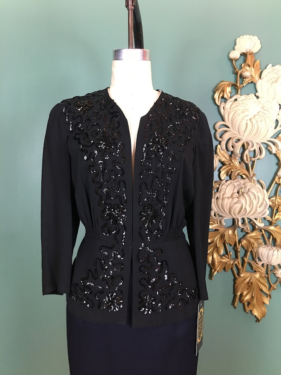 1940s blouse, black rayon crepe, sequin jacket, 40