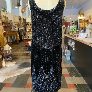 1920s sequin dress, black velvet, vintage flapper dress, size large, peaky blinders, sleeveless shift, 38 image 9