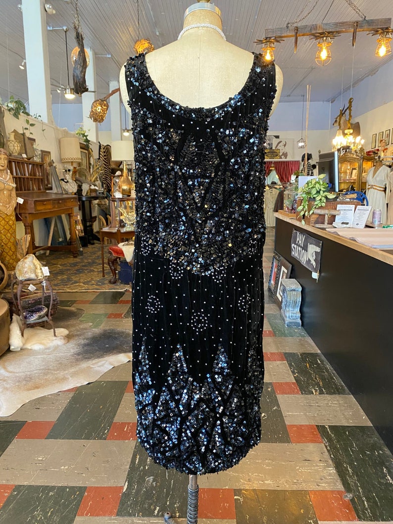 1920s sequin dress, black velvet, vintage flapper dress, size large, peaky blinders, sleeveless shift, 38 image 9