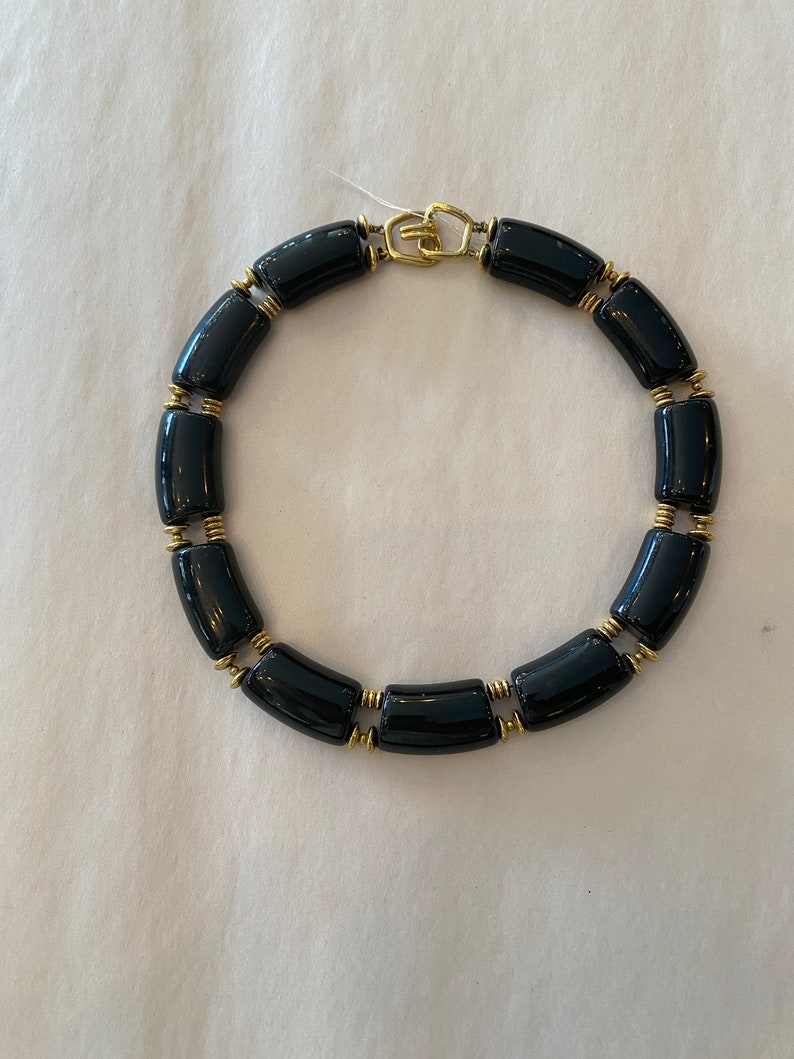 1980s choker, vintage 80s jewelry, black lucite, 1980s accessories, mob wife, chunky plastic necklace, black and gold, trifari, links image 6