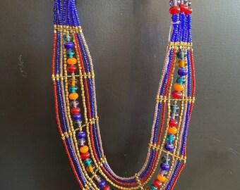 1990s beaded necklace, vintage choker, rainbow beads, tribal style jewelry, boho