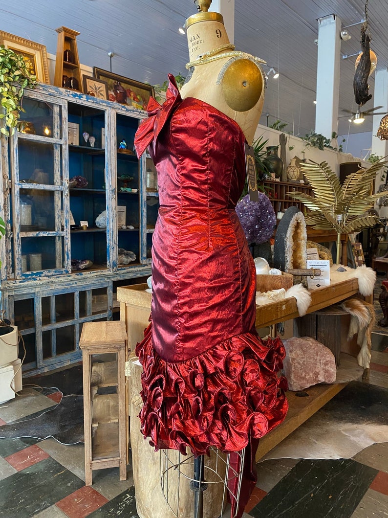 1980s prom dress, red metallic lame', vintage 80s dress, ruched bows, mike benet, strapless cocktail dress, x-small image 7